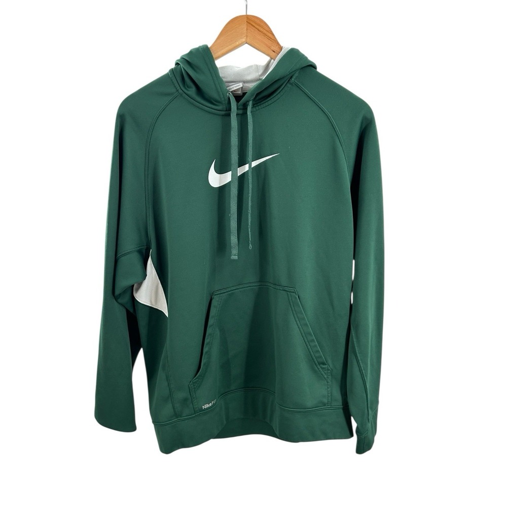 Nike Dri-FIT Hoodie S Dark Green White Accents Pullover Sweatshirt Swoosh Logo
